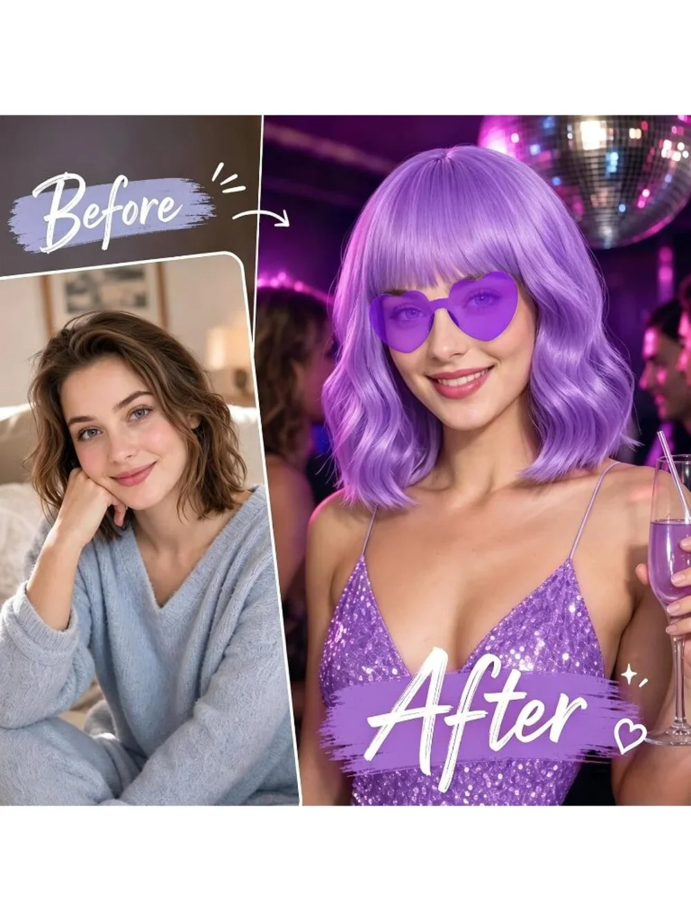 Women's Light Purple Curly Bob Synthetic Wigs Bangs With Neon Heart Sunglasses
